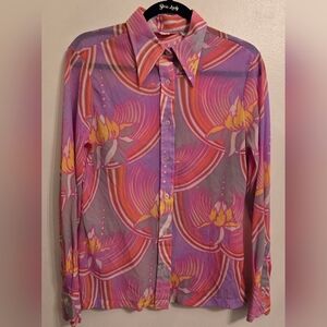 Elles Belles Vintage 70s Womens Button Up Blouse Nylon Pastel Funky Retro Print